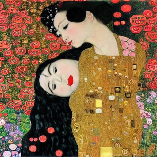 Image similar to !dream Woman holding another woman, one black, the other Asian, both have red lips, silk ribbon over eyes, Gustav Klimt style, against a background of flowers,