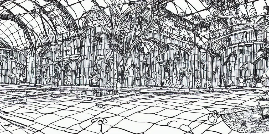 Prompt: lineart black and white indoor swimming pool with large blue archways, giant windows overlooking a garden, drawn with micron pen in the style of popular manga