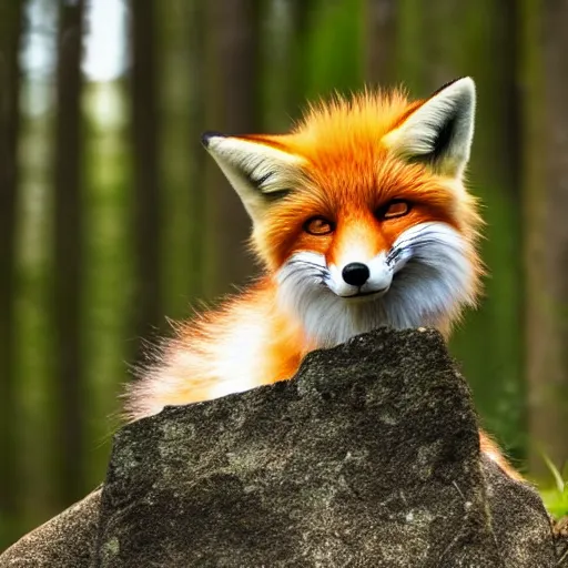 Prompt: well fluffy fox on rock, forest, photo