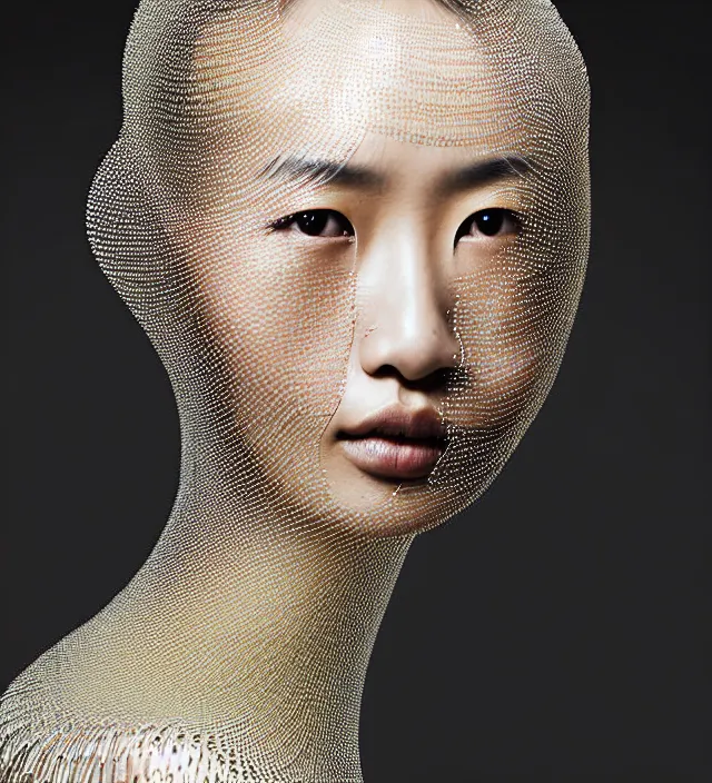 Image similar to photography face profil portrait of a beautifull asian woman, half in shadow, natural pose, natural lighting with rim light, no flash, wearing an ornate transparent and metallic original creative dress with coloth convolution by iris van herpen, highly detailed, skin grain detail, high detail, photography by by paolo roversi, creativity in fashion design