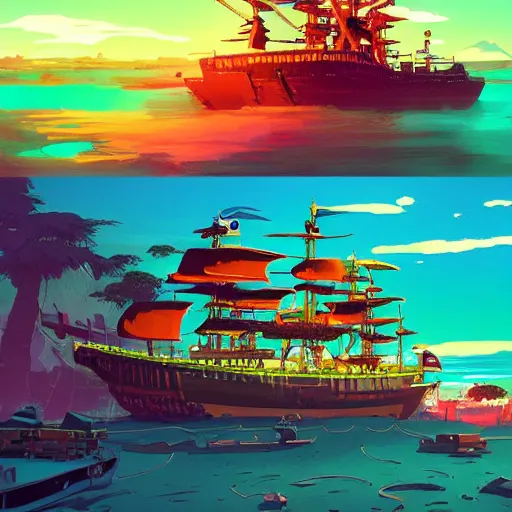 Prompt: Landscape of Pirates island and a pirate boat, vivid color, by Makoto Shinkai and James gilleard Eiichirō Oda