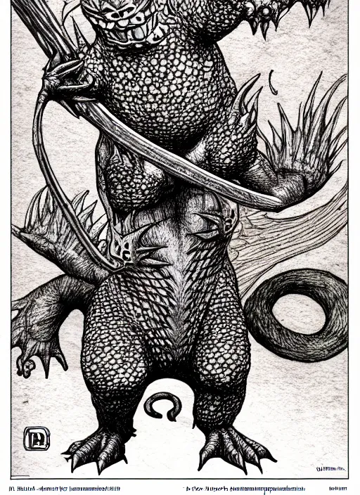 Image similar to charmander as a d & d monster, full body, pen - and - ink illustration, etching, by russ nicholson, david a trampier, larry elmore, 1 9 8 1, hq scan, intricate details, stylized border