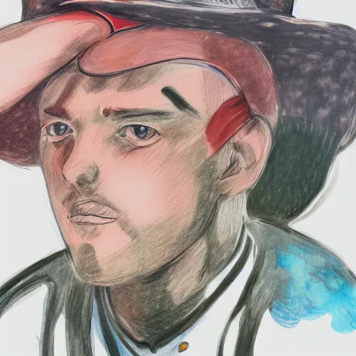 Image similar to a drawing of a man wearing a hat, a gouache by Hirohiko Araki, tumblr contest winner, modern european ink painting, watercolor, colorized, art on instagram