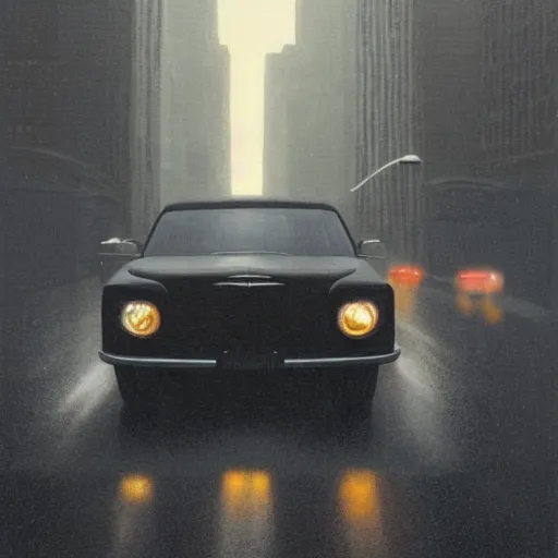 Image similar to A mysterious figure sitting at a black 1970's Chrysler Le Baron with the headlights on, parked on the side of the road in the city of New York while it is raining, by George Tooker, dark and dim, moody, sinister, lighting, 8k render, hyperrealistic 150-W 1024