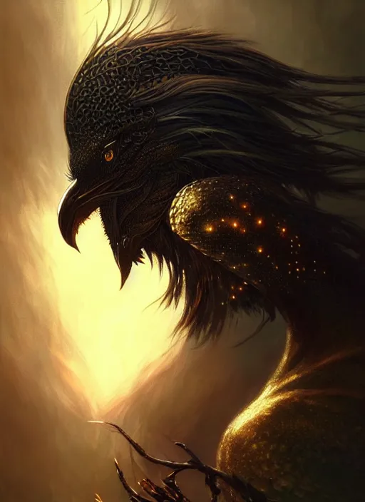 Image similar to side portrait dark crow, fantasy forest landscape, dragon scales, fantasy magic, dark golden light night, intricate, elegant, sharp focus, illustration, highly detailed, digital painting, concept art, matte, art by WLOP and Artgerm and Greg Rutkowski and Alphonse Mucha, masterpiece