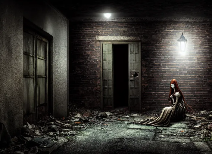 Image similar to photo of an alley of an abandoned city at night with a lone elven woman warrior sitting in the corner leaning on a closed door. Fantasy magic horror style. Highly detailed 8k. Intricate. Nikon d850 55mm. Award winning photography.