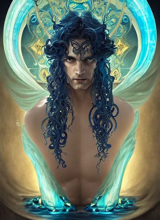 Image similar to the god poseidon, water hair, glowing eyes, volumetric lights, blue and cyan scheme, art nouveau botanicals, gothic, intricate, highly detailed, digital painting, artstation, concept art, smooth, sharp focus, symmetric face, illustration, art by artgerm and greg rutkowski and alphonse mucha