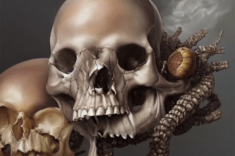 Prompt: snail with human skull, oil on canvas, intricate, portrait, 8k highly professionally detailed, HDR, CGsociety, illustration painting by Mandy Jurgens and Małgorzata Kmiec and Dang My Linh and Lulu Chen and Alexis Franklin and Filip Hodas and Pascal Blanché and Bastien Lecouffe Deharme, detailed intricate ink illustration, heavenly atmosphere, detailed illustration, hd, 4k, digital art, overdetailed art, concept art, complementing colors, trending on artstation, Cgstudio, the most beautiful image ever created, dramatic, subtle details, illustration painting by alphonse mucha and frank frazetta daarken, vibrant colors, 8K, style by Wes Anderson, award winning artwork, high quality printing, fine art, gold elements, intricate, epic lighting, very very very very beautiful scenery, 8k resolution, digital painting, sharp focus, professional art, atmospheric environment, art by artgerm and greg rutkowski, by simon stålenhag, rendered by Beeple, by Makoto Shinkai, syd meade, 8k ultra hd, artstationHD, 3d render, hyper detailed, elegant, by craig mullins and marc simonetti, Ross Tran and WLOP, by Andrew Wyeth and Gerald Brom, John singer Sargent and James gurney