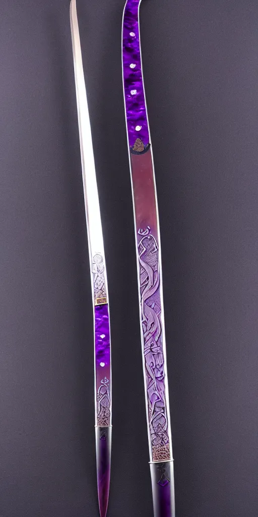 Image similar to a katana in the style of zdzisław beksinski, elegant, silver and amethyst, crescent moon motif, weapon, product photo