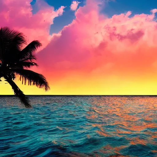 Prompt: Photo of the middle of the ocean, tiny, hilly islands made of sand, a couple of palm trees, sunset, pink clouds, dreamy, enchanting, ultrarealistic, establishing shot
