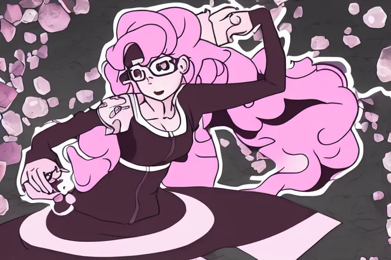 Prompt: rose quartz from steven universe is the blackened, danganronpa trial screenshot, art by rui komatsuzaki, detailed, incredible coloring and shading, from a video sequence, intense lighting