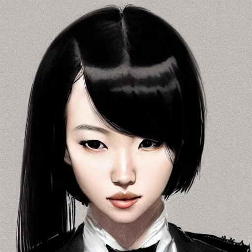 Image similar to portrait of a beautiful korean girl wearing a men's tuxedo, with bangs, very long hair and bangs, angular features, angry expression, dramatic lighting, illustration by Greg rutkowski, yoji shinkawa, 4k, digital art, concept art, trending on artstation