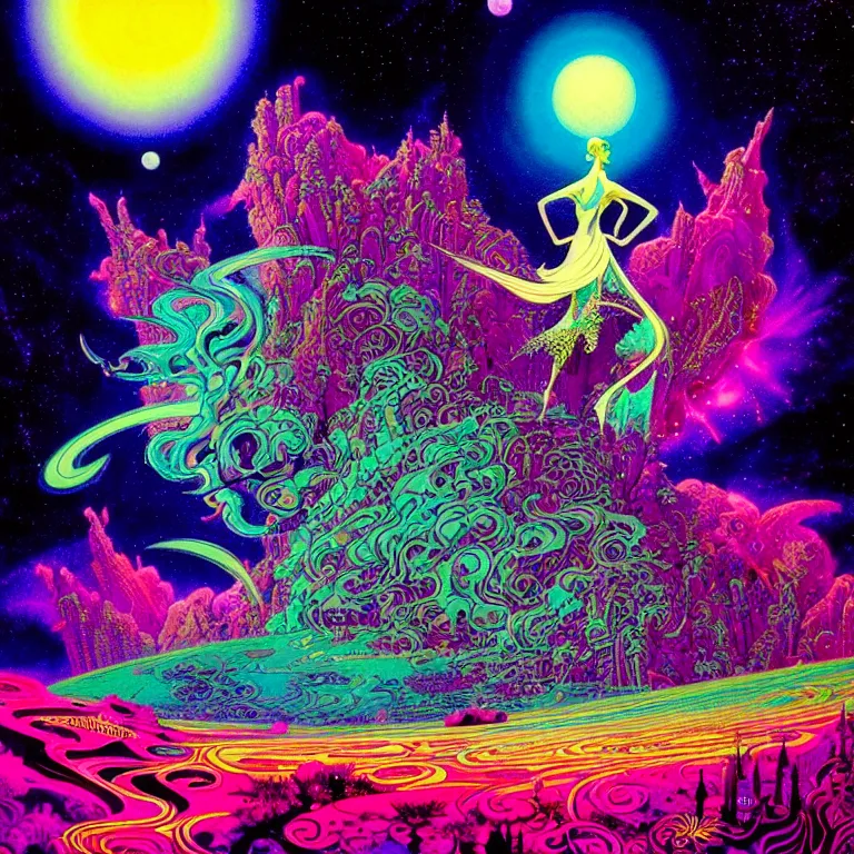 Prompt: cosmic girl hovers over mythical crystal city, psychedelic waves, synthwave, bright neon colors, highly detailed, cinematic, eyvind earle, tim white, philippe druillet, roger dean, ernst haeckel, lisa frank, aubrey beardsley