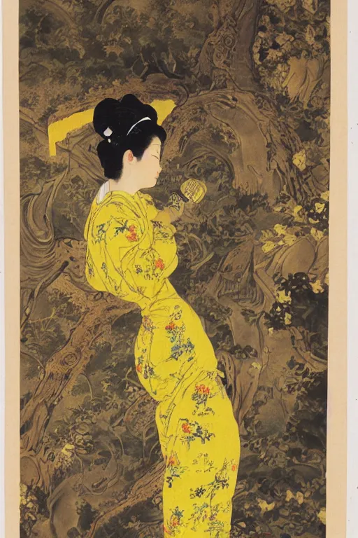 Prompt: an asian woman emerges from yellow wallpaper decorated with sensual feminine faces by charles walter stetson