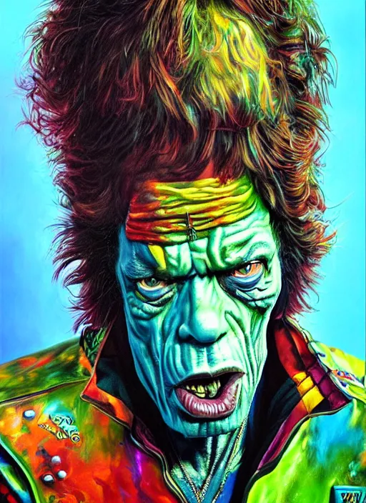 Prompt: mick jagger as an apocalyptic scifi orcish biker character, psychedelic vibrant colors, futuristic punk rock fashion, oil painting by michael whelan art, perfect face, sharp focus, detailed eyes, realistic, 8 k