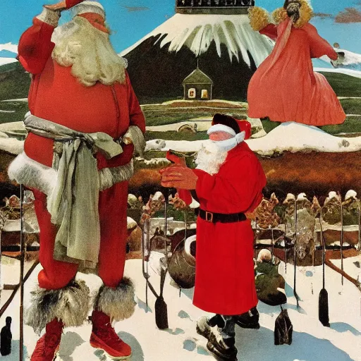 Prompt: illustration: vogue designer Santa Claus Sacrificing the Elves to a Volcano God Altar giorgio de chirico marc simonetti norman rockwell postcard stamp