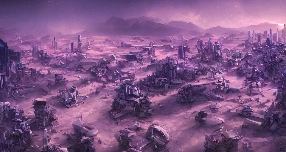 Image similar to Sci-fi landscape of an alley in a desert city, view from the top, purple color-theme, cinematic, science-fiction art wallpaper, stunning digital art