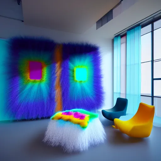 Prompt: : colorful abstract fuzzy sculpture art on the wall in modern architecture studio, cinematic lighting, hyper - realistic, detailed, render by c 4 d octane, unreal engine, 8 k 3 d render