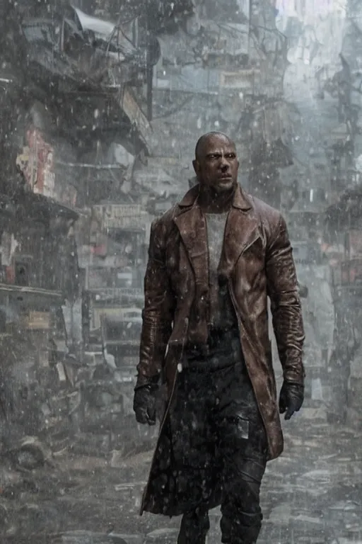 Image similar to An epic cinematic film still of Dwayne Johnson in the movie Blade Runner: 2049.