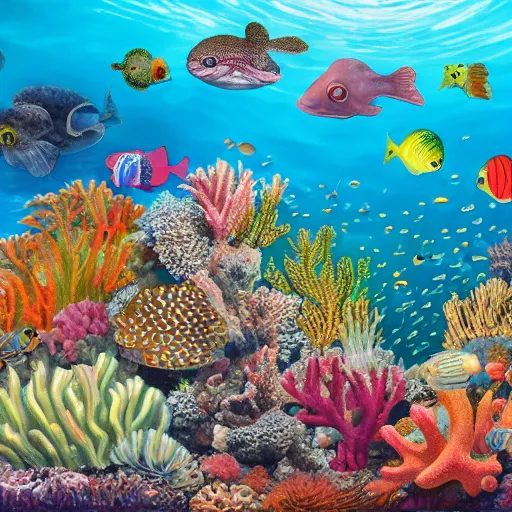 Prompt: High detailed, realistic image of aquatic wildlife on a coral reef, with high-key lighting and diverse range of plants and sea creatures, acrylic on canvas