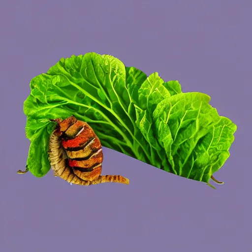 Image similar to a smiling caterpillar eating lettuce, digital art