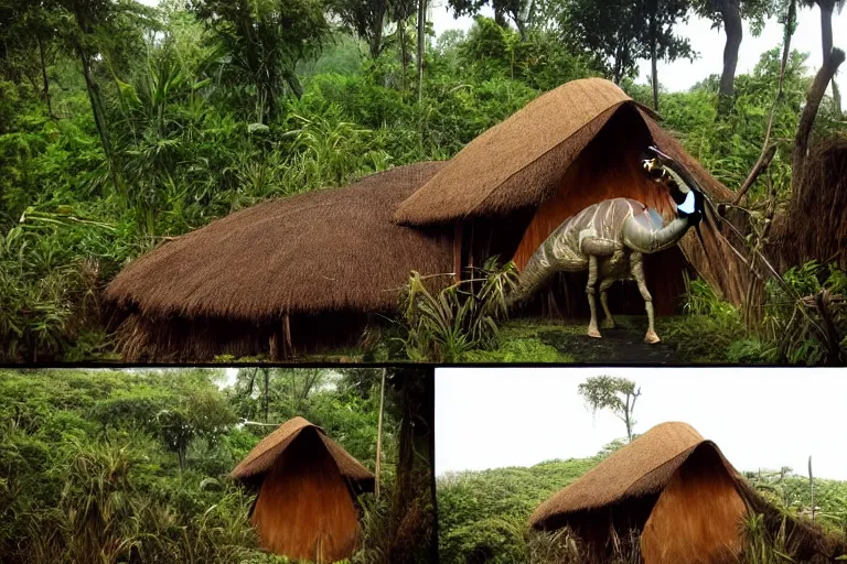 Prompt: a 4 meter tall previously unknown living bipedal herbivore dinosaur destroying hut by eating the thatched roof in a small jungle settlement, shaky grainy amateur photos by witnesses