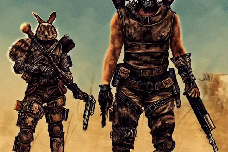 Image similar to a good ol'rabbit fursona ( from the furry fandom ), heavily armed and armored facing down armageddon in a dark and gritty version from the makers of mad max : fury road. witness me.