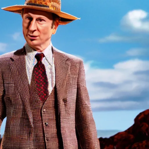 Prompt: film still of Bob Odenkirk as Stan S Stanman wearing a straw hat and checkerboard suit in the Monkey Island movie