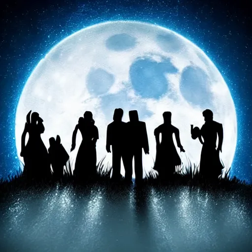 Image similar to Surprise in moonlight, vampire, werewolf, glowing busy, exciting, dream realistic