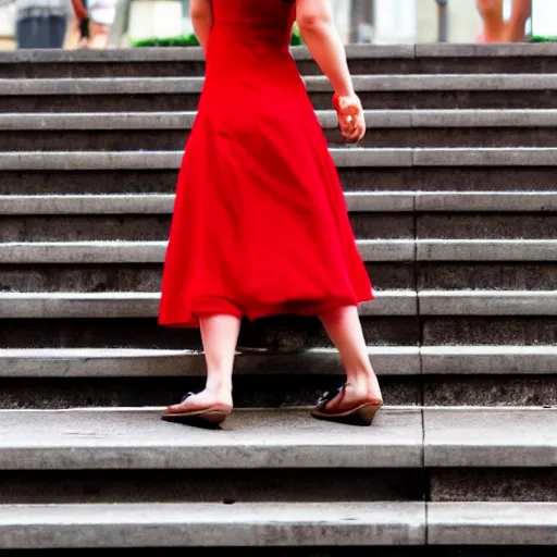 Image similar to a girl in a red dress walking up stairs