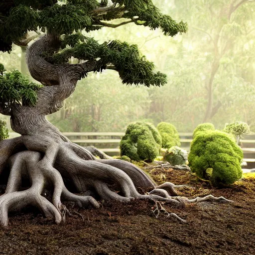 Prompt: a hyperdetailed photorealistic render of rustic furniture bonsai tree and tree roots with lots of nebari inhabited by Shinto spirit and phosphorescent influences. Octane render, nitrogen-rich soil, ambient lighting, 8k, unreal engine, CGI, focus, no blur, cinematic, matte, photo-realistic.