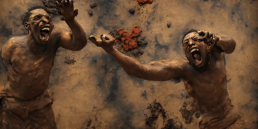 Image similar to highly detailed photography of a screaming black men made of rust clay, burned, rocks, hand gesture, dust particles, dirt, dramatic scene, aesthetic dynamic lighting, masterpiece, by roberto ferri, blue background, high quality, spatula
