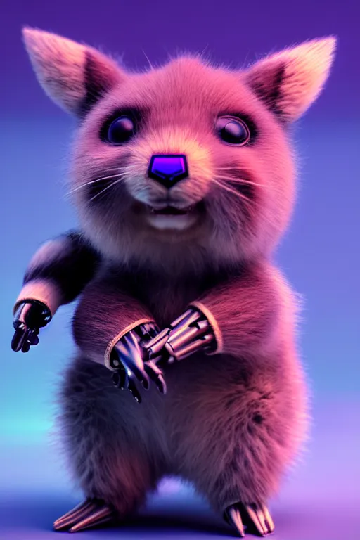 Prompt: high quality precisionist 3 d render post - cyberpunk very cute fluffy! wombat!! cyborg, mechanical paw, highly detailed, unreal engine cinematic smooth, in the style of detective pikachu, hannah yata charlie immer, neon purple light, low angle, uhd 8 k, sharp focus