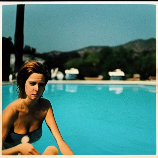 Image similar to one woman in the pool, another women under water, film camera style, la piscine 1 9 6 9 film aesthetics, 1 9 7 0 s, los angeles landscape on the background, evening,