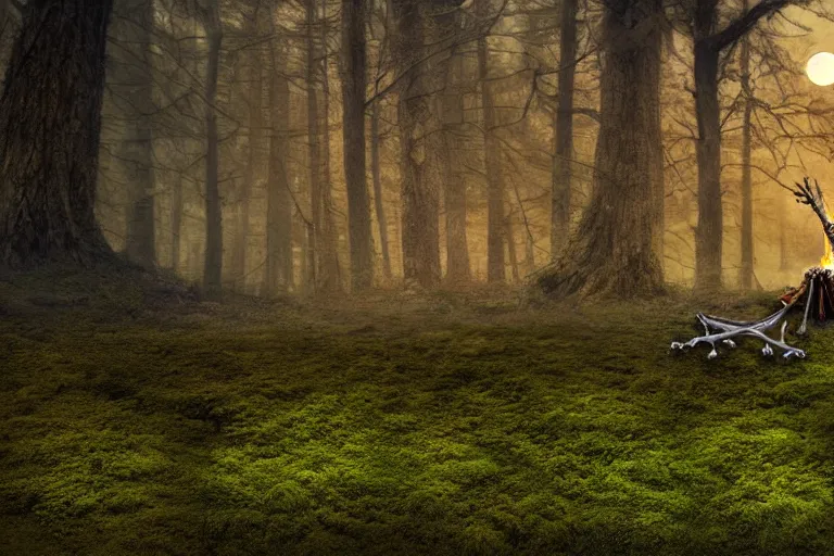 Prompt: a burning with fire human skeleton sitting behind computer, overgrown with moss, in foggy forest, at night with moon light, dark atmosphere, fantasy, digital art