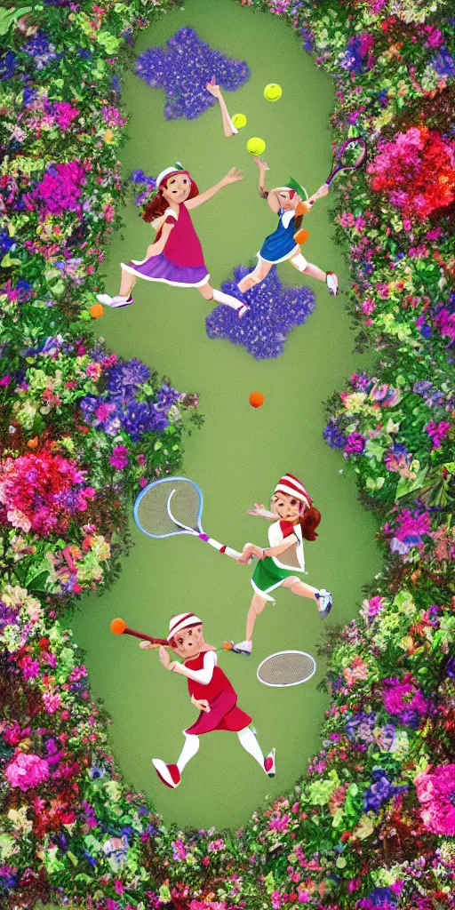 Image similar to Two elves playing tennis on a tennis court made of flowers, digital art