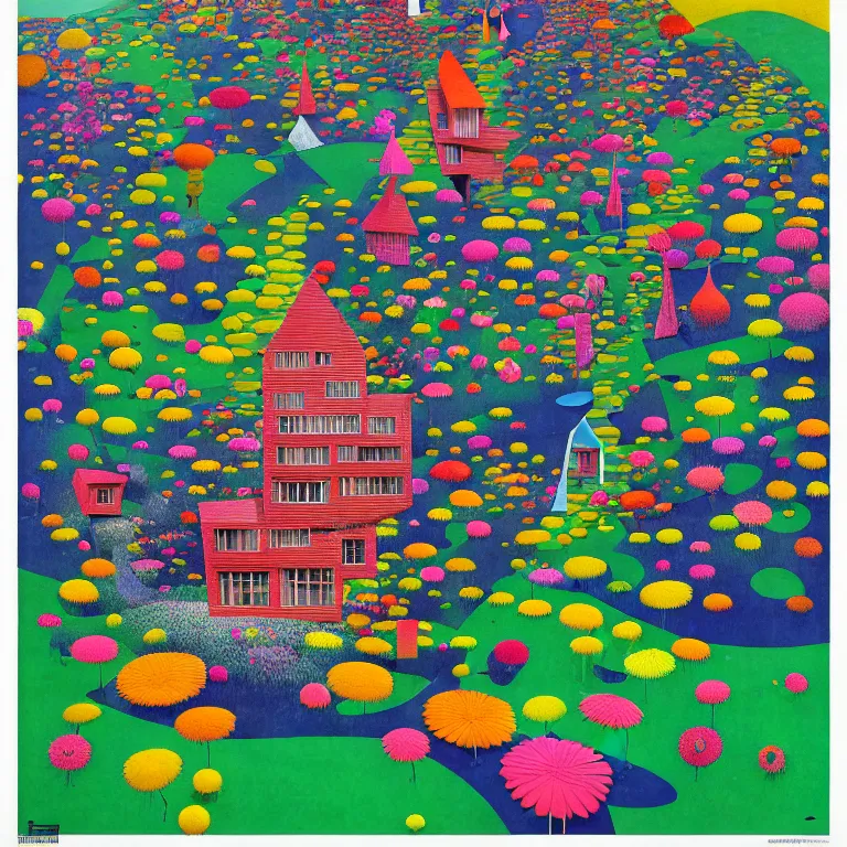 Prompt: surreal summer morning!! gediminas pranckevicius!! a happy house by made of flowers kengo kuma, art by malevich, very coherent, sharp, colorful high contrast, dark shadows, hard lighting, floralpunk flower garden, inking etching screen print paper cutout collage