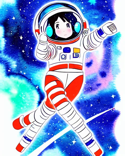 Prompt: oriental water color of a cute thicc female astronaut, floating through space, backlit, realistic anime