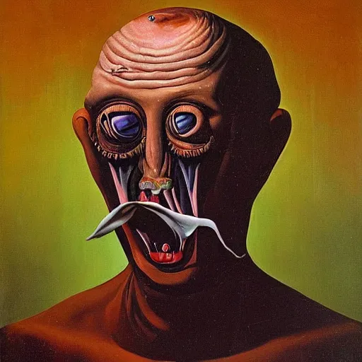 Prompt: Oil painting by Christian Rex Van Minnen and Salvador Dali of a portrait of an extremely bizarre disturbing mutated man with intense chiaroscuro lighting perfect composition