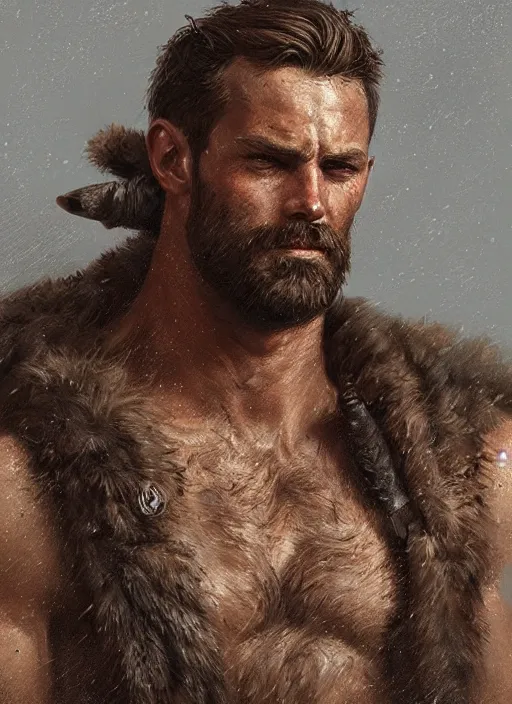 Image similar to portrait of a rugged ranger, muscular, upper body, hairy torso, D&D, fantasy, intricate, elegant, highly detailed, digital painting, artstation, concept art, smooth, sharp focus, illustration, art by greg rutkowski