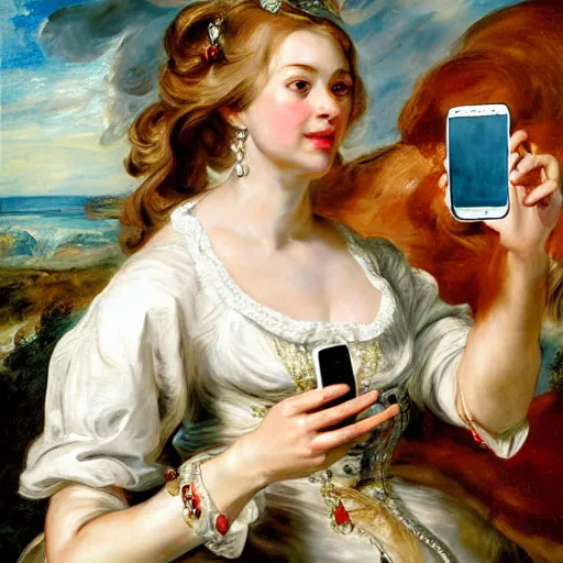 Image similar to heavenly summer sharp land sphere scallop well dressed lady taking a selfie with her cellphone auslese, by peter paul rubens and eugene delacroix and karol bak, hyperrealism, digital illustration, fauvist, cellphone