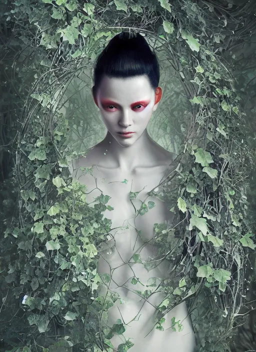 Prompt: portrait of a futuristic geisha cyborg overgrown with ivy, modern fine art, fractal, intricate, elegant, highly detailed, digital photography, subsurface scattering, by jheronimus bosch and greg rutkowski,