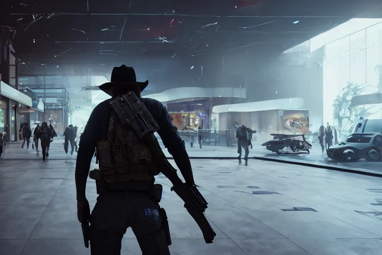 Prompt: photo from behind of a cowboy, carrying a gun, on a futuristic shopping mall, cinematic lightning, ray tracing, unreal engine 5, photorealistic, 8 k, uhd, 4 k, ghost recon breakpoint game concept, extremely detailed, beautiful, elegant, intricate, foggy, in - game footage