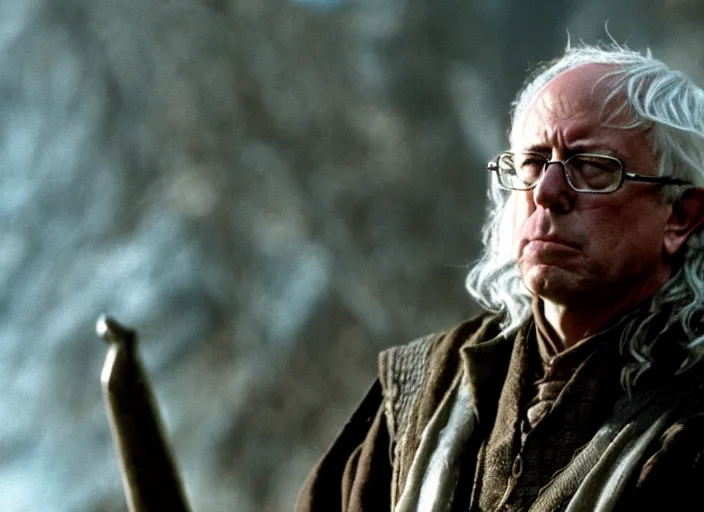 Image similar to film still of bernie sanders as aragorn in lord of the rings movie, 8 k