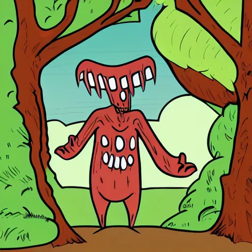 Prompt: Cartoon illustration of a terrifying monster in a forest