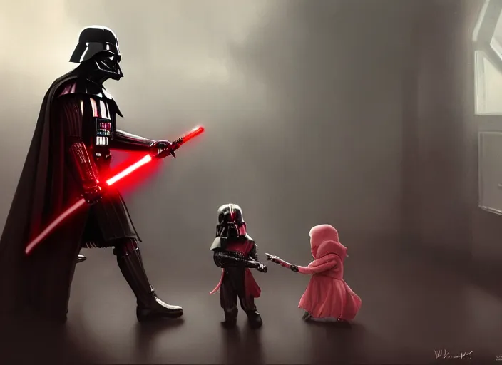 Image similar to a dramatic highly detailed render of darth vader with red lightsaber drawn about to battle a cute baby, futuristic star wars vibe, by WLOP and Artgerm and Greg Rutkowski and Alphonse Mucha, Beautiful dynamic dramatic dark moody lighting, shadows, cinematic atmosphere, Artstation, concept design art, Octane render, 8K, masterpiece, sharp focus, hyperrealistic