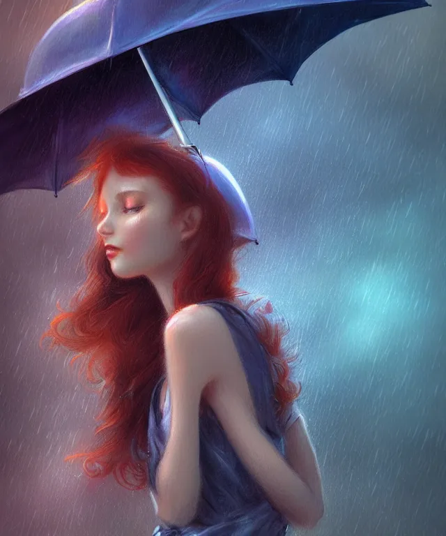 Prompt: cute woman with an umbrella in new york while raining, perfect face, cinematic, elegant, ginger hair, highly detailed, psychedelic, digital painting, artstation, smooth, hard focus, illustration, art by jessica rossier and and brian froud