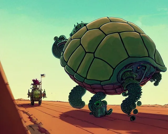 Image similar to a cell shaded cartoon giant lovecraftian mechanized turtle from howl's moving castle ( 2 0 0 4 ), on a desert road, full body, illustration, wide shot, very subtle colors, post grunge, concept art by josan gonzales, wlop, by james jean, victo ngai, trending on artstation, hq, deviantart, art by artgem