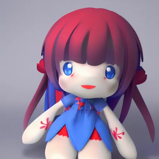 Image similar to cute fumo plush of a girl with a distinctive character silhouette, red and blue, cel shaded pbr, vray