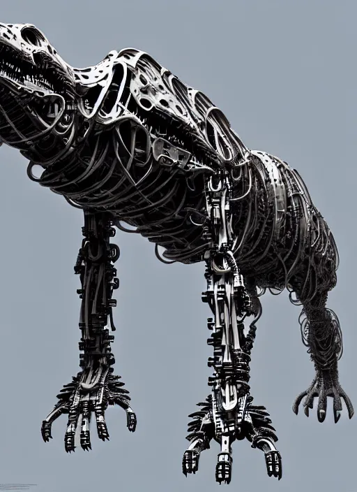 Prompt: cybernetically enhanced trex robot dinosaur, by roberto aizenberg, zdzisław beksinski, brian despain, peter gric, boris artzybasheff and gurmukh bhasin, hyper detailed, screen print, concept art, hyperrealism, coherent, cgsociety, zbrush central, behance hd, hypermaximalist